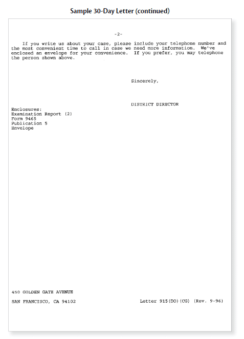 Second page of sample of the 30 day letter for appealing Your IRS Tax Audit