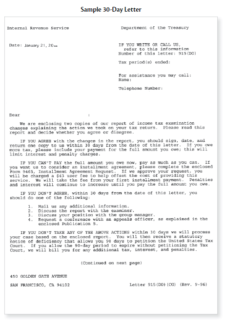 First page of sample of the 30 day letter for appealing Your IRS Tax Audit