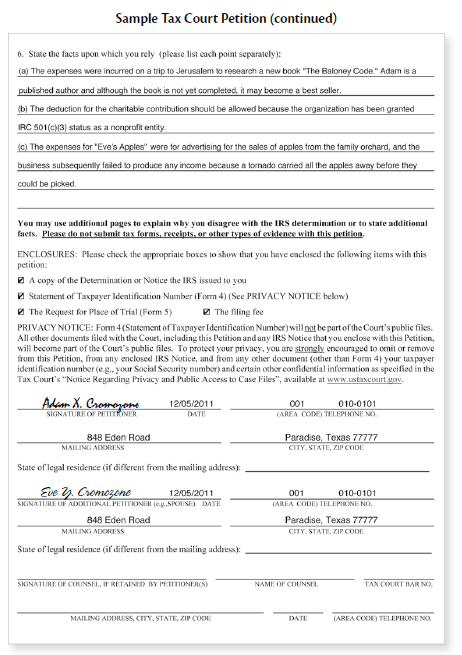 Second page of Tax Court Petition Template