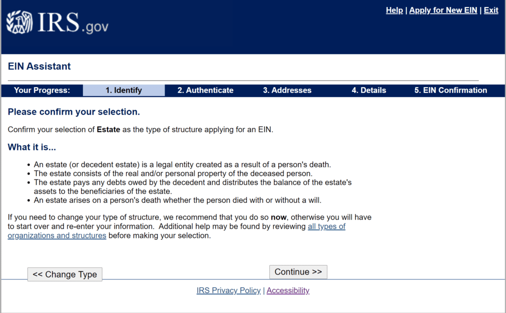 Step 3 of how to Apply for an Estate EIN or TIN on the irs.gov website online