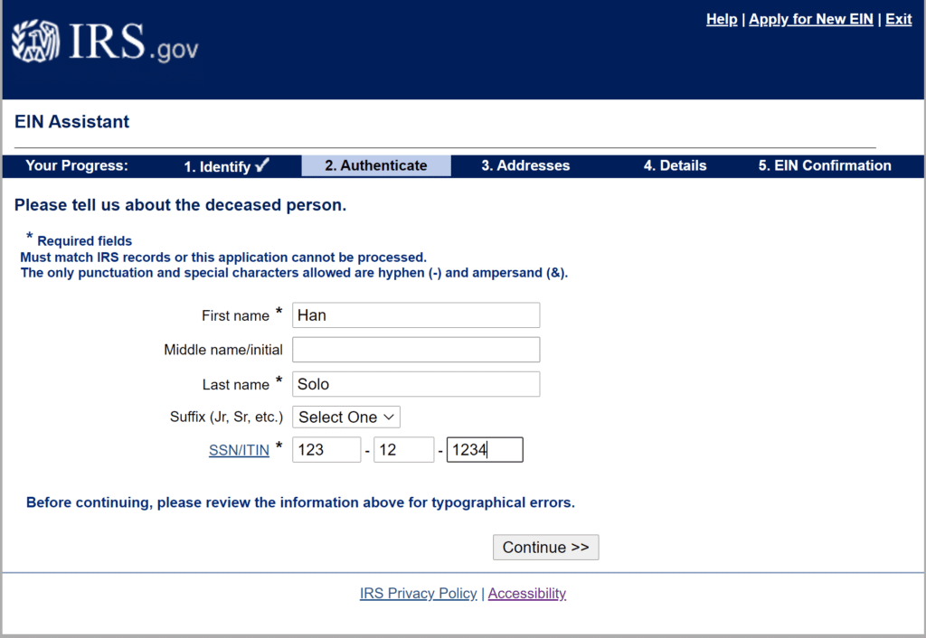 Step 4 of how to Apply for an Estate EIN or TIN on the irs.gov website online