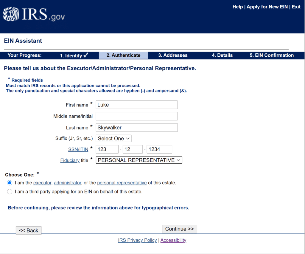Step 5 of how to Apply for an Estate EIN or TIN on the irs.gov website online