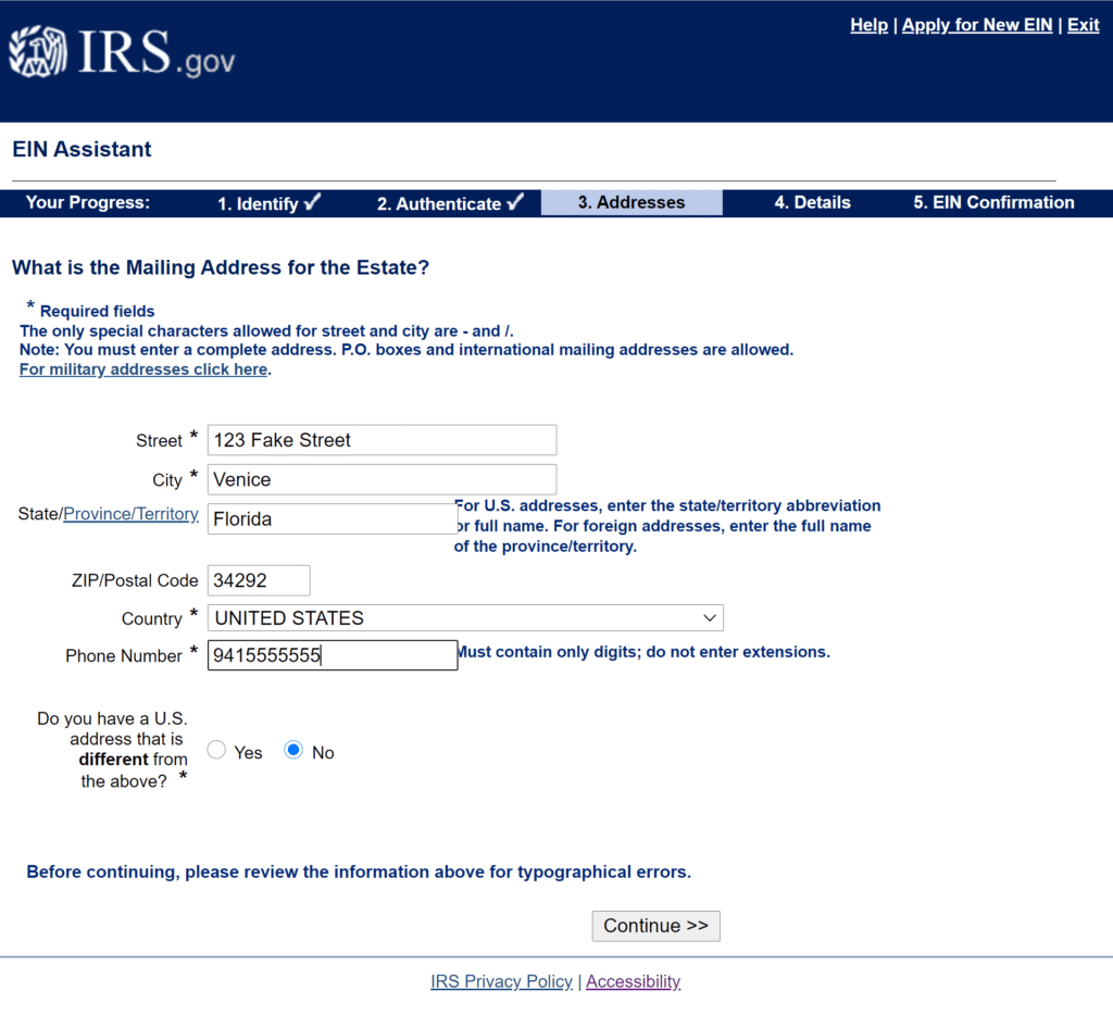 Step 6 of how to Apply for an Estate EIN or TIN on the irs.gov website online