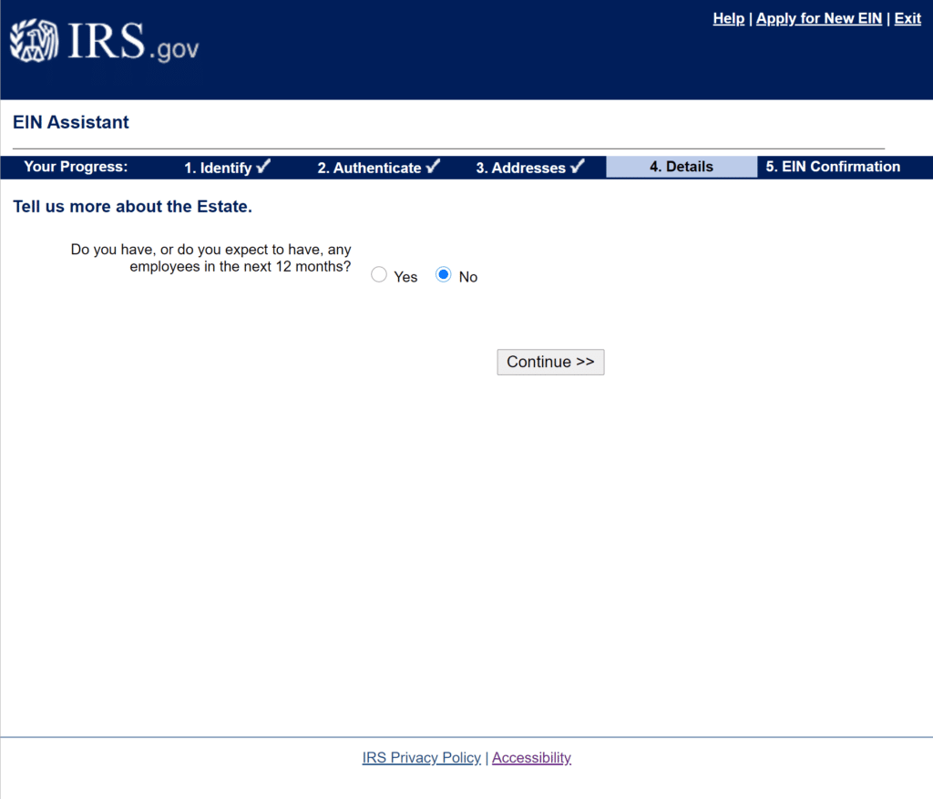 Step 8 of how to Apply for an Estate EIN or TIN on the irs.gov website online