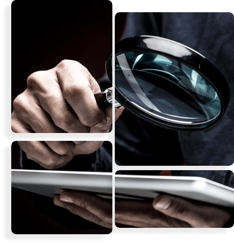 A man examining a tablet with a magnifying glass, searching for details