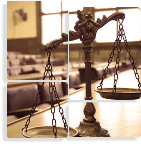 A scale with a courtroom image symbolizing justice and balance.