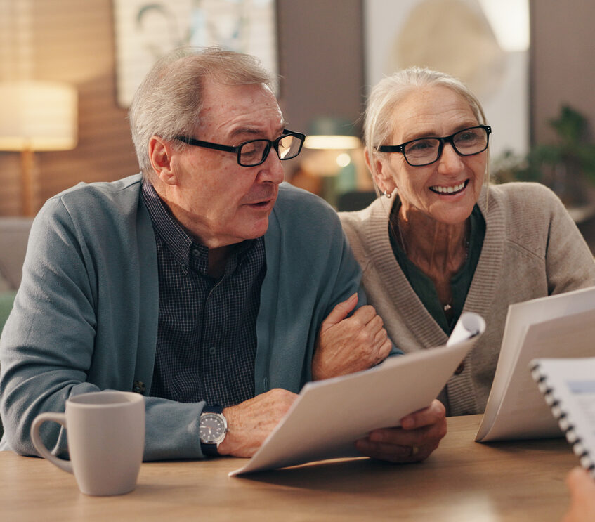Elderly couple, documents and financial advisor with retirement plan for asset management at house. Senior man, woman and paperwork with accountant for pension fund or application at old age home