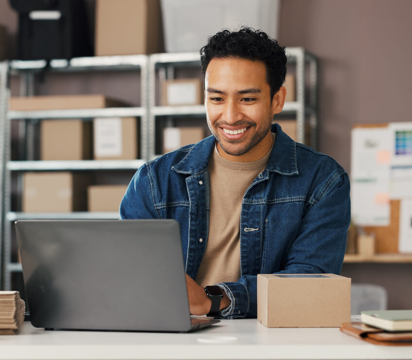 Man, reading and laptop for logistics of ecommerce with skincare product, online order and delivery. Male person, pc and check inventory of cosmetics, supply chain and customer info for distribution